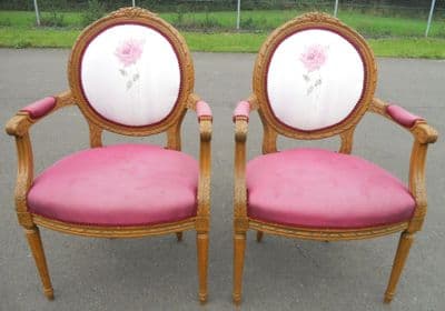 Pair Carved Walnut Upholstered Salon Armchairs