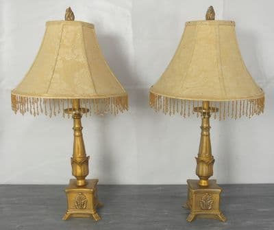 Pair Gilt Table Lamps & Shades