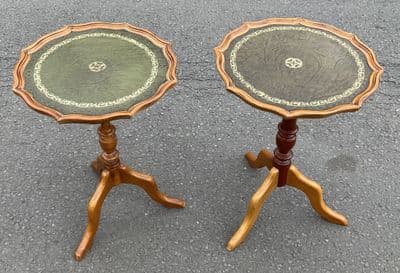 Pair Green Leather Top Pedestal Wine Tables