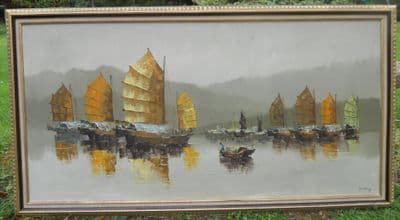 Pair Large Framed Oriental Boating Scenes Oil on Canvas