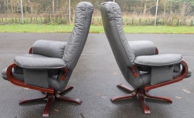 Pair Leather Swivel Armchairs and Footstools