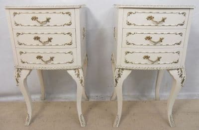 Pair Louis Style White Bedside Chest of Drawers