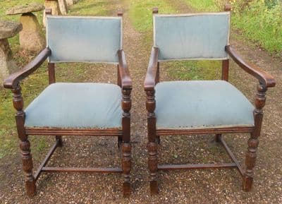 Pair Oak Framed Upholstered Carver Armchairs