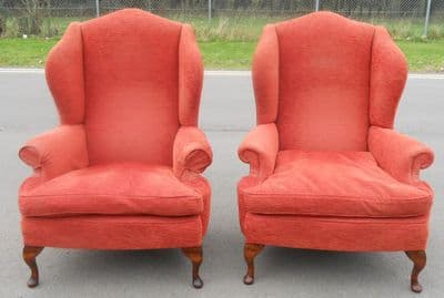 Pair Queen Anne Style Upholstered Wing Fireside Armchairs