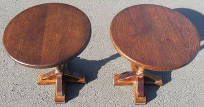Pair Round Oak Pedestal Lamp Tables