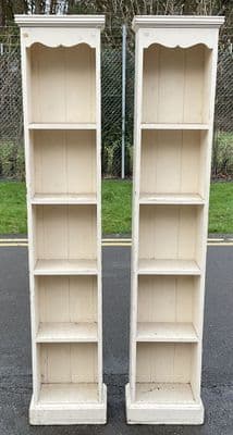 Pair Tall Narrow Painted Open Bookcases