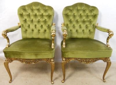 Pair Upholstered Library Armchairs with Brass Frames