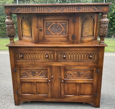 Panelled Oak Carved Court Cupboard