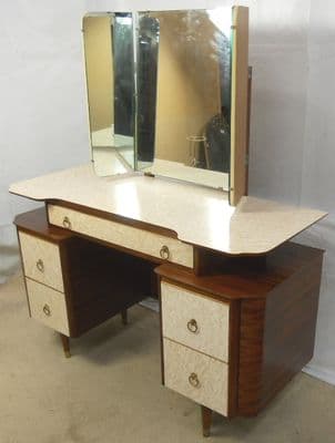 Retro Melamine Kneehole Triple Mirror Dressing Table & Matching Pair Bedside Cabinets