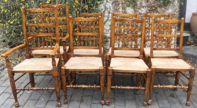 Set of Eight Beech & Elm Rush Seat Spindleback Dining Chairs