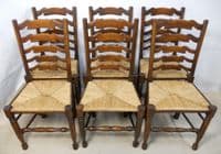 Set of Eight Elm Ladderback Rush Seat Dining Chairs - SOLD