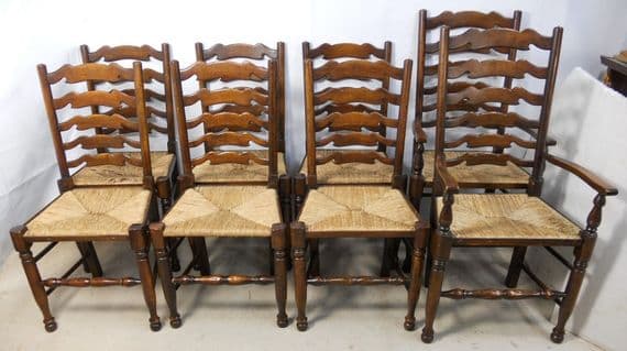 Set of Eight Elm Ladderback Rush Seat Dining Chairs - SOLD