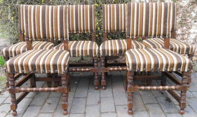 Set of Six Cromwellian Style Upholstered Oak Dining Chairs