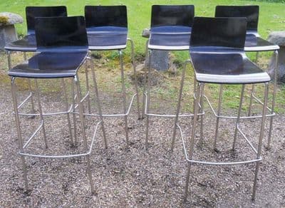 Set of Six Stacking Chrome & Ply Wood Bar Stools