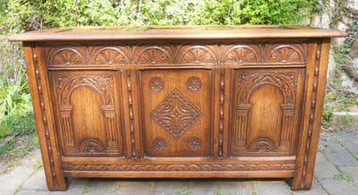 SOLD - Antique Style Carved Oak Blanket Chest