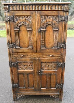 SOLD - Antique Style Carved Oak Cabinet Cupboard