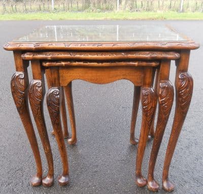 Sold Carved Burr Walnut Nest of Coffee Tables