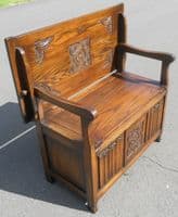 SOLD - Carved Oak Monks Bench by Old Charm
