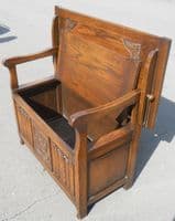 SOLD - Carved Oak Monks Bench by Old Charm