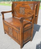 SOLD - Carved Oak Monks Bench by Old Charm