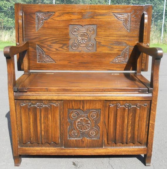 SOLD - Carved Oak Monks Bench by Old Charm