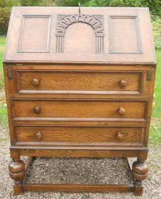 SOLD - Carved Panelled Oak Writing Bureau