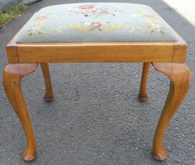 SOLD - Light Walnut Framed Upholstered Stool