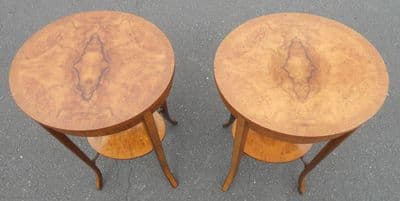 SOLD - Pair Oval Top Burr Walnut Lamp Tables