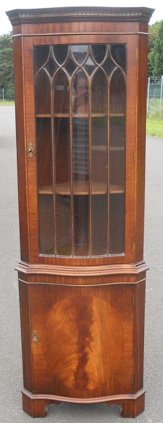 SOLD -Serpentine Front Mahogany Corner Cupboard by Reprodux