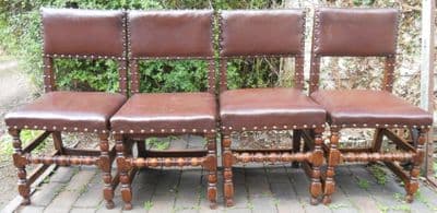 SOLD Set of Four Leather & Oak Cromwellian Style Dining Chairs