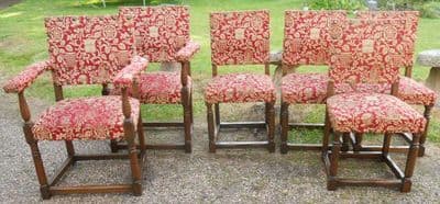 SOLD - Set of Six Oak Cromwellian Style Upholstered Dining Chairs