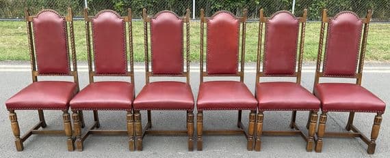 SOLD Set of Six Oak & Leather Highback Dining Chairs