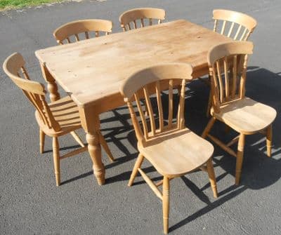 SOLD - Victorian Style Pine Kitchen Table & Six Chairs