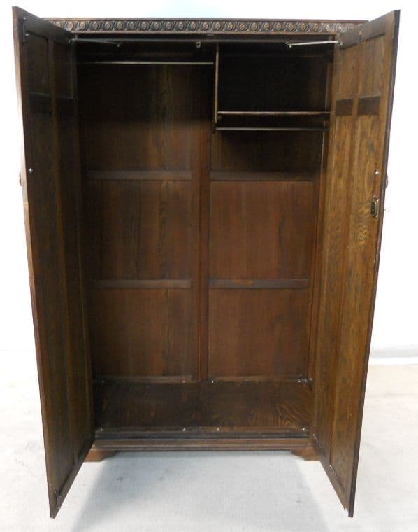 Wardrobe Large Antique Style Carved Oak Two Door Panelled Robe - SOLD