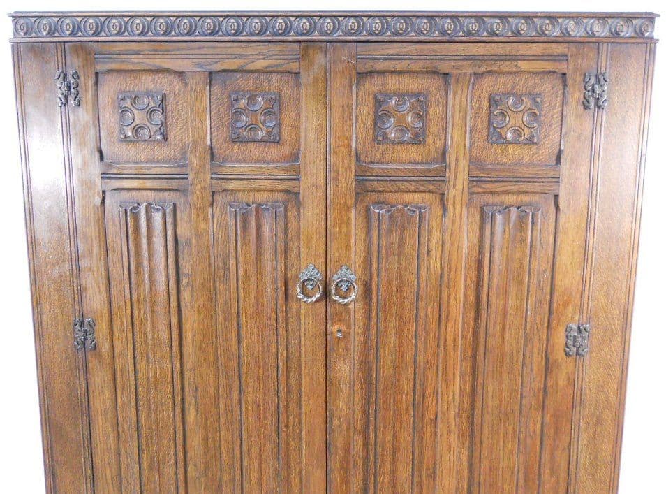 Wardrobe Large Antique Style Carved Oak Two Door Panelled Robe - SOLD