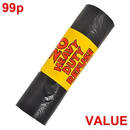 20pc Heavy Duty Black Bin Bags Refuse Sacks Tools & Leisure