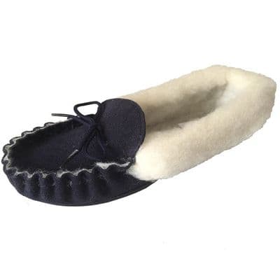 Moccasin Slippers Fur Lined Size 5 Navy Hard Sole