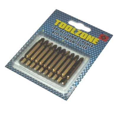 Toolzone 10pc Pozi 2 50mm S2 Titanium Power Bit Set