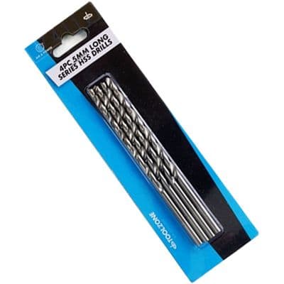 Toolzone Tools 4pc 5.00mm Long HSS Drills - HSS4241 White Finish, DIN340 Standard