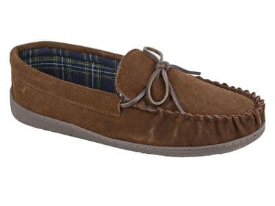 'ADIE' Men's Real Suede Moccasin Slipper with a Rubber Sole BROWN