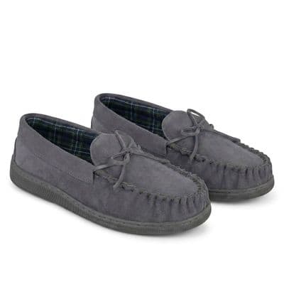 'ADIE' Men's Real Suede Moccasin Slipper with a Rubber Sole GREY