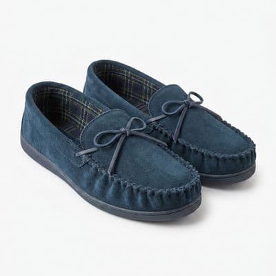 'ADIE' Men's Real Suede Moccasin Slipper with a Rubber Sole NAVY