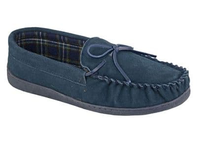 'ADIE' Men's Real Suede Moccasin Slipper with a Rubber Sole NAVY