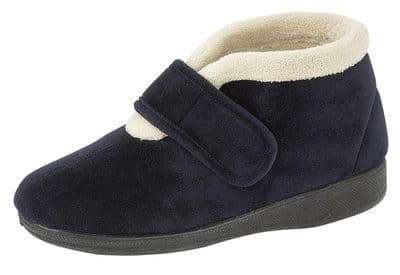 'AMELIA' Ladies Velour Touch Fastening Wider Fitting Bootee  Slippers  NAVY