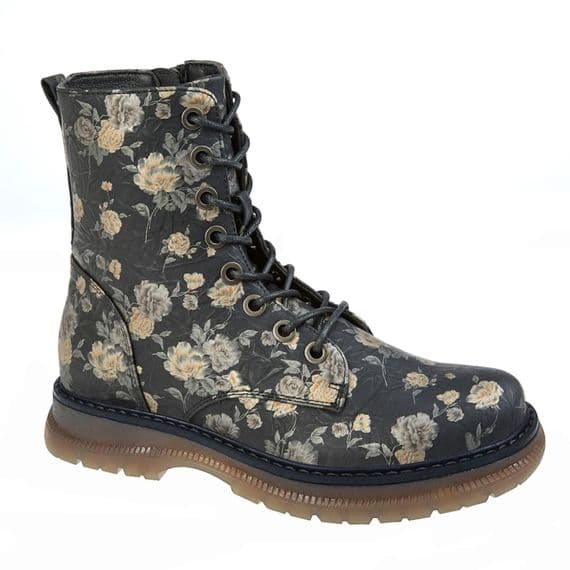 'ANNETTA'  Womens Lace-up Fashion Boots  BLACK/BRONZE Floral