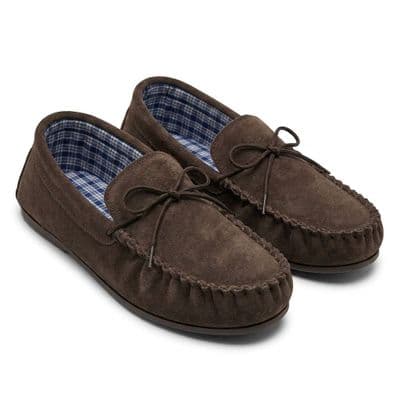 'BRUCE' Real Suede Leather Moccasins with Hard Wearing PVC Sole BROWN