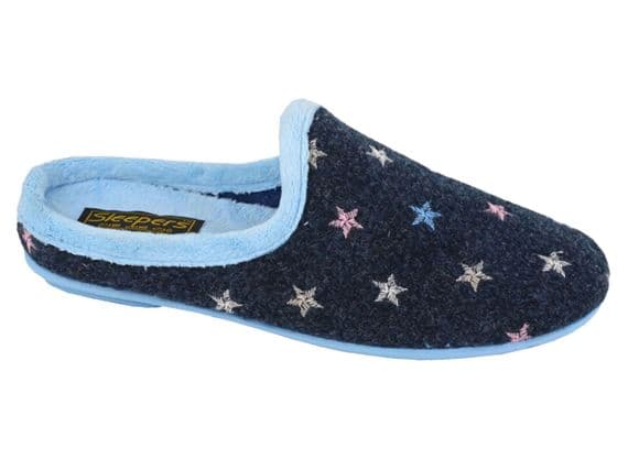 'ELLIE' Ladies Star Motif Mule Slippers NAVY BLUE