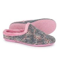 'ELOISE' Ladies  Motif Mule Slippers GREY/PINK
