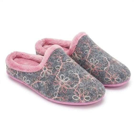 'ELOISE' Ladies  Motif Mule Slippers GREY/PINK