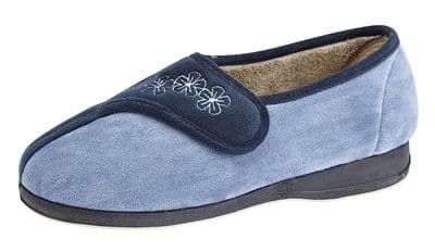 'GEMMA' LadiesTouch Fastening Velour Slipper Memory Foam, Rubber Sole BLUE